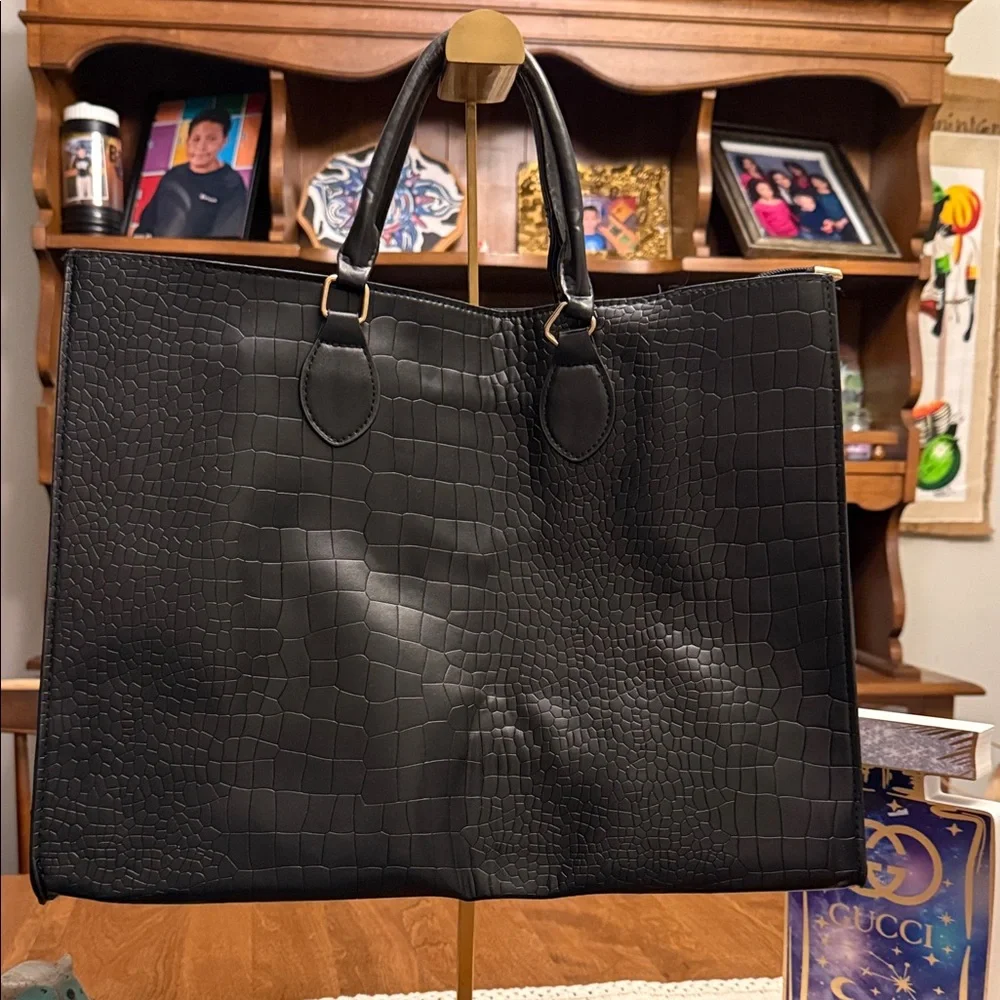 Classic Black Croc-Embossed Tote Bag
